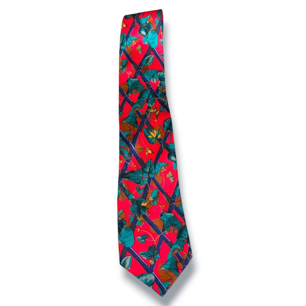 Yves Saint Laurent Italian Silk Floral Ivy Trellis Butterfly Necktie Red Vintage